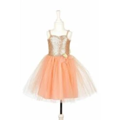 Déguisement Robe De Princesse Giselle Enfant 5-7 Ans, Couleur Rose Saumon Avec Tulle Et Bustier Paillettes