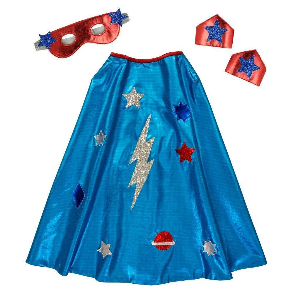 Meri-Meri Kit Super Héro(ïne) Bleu Avec Cape, Masque Et Poignets - Déguisement Enfant 3-6 Ans