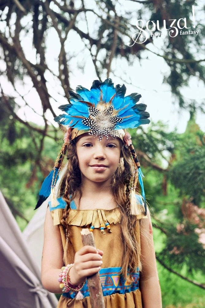 Coiffe Pour Indien Et Indienne Leyati Avec Plumes Bleues - Déguisement Enfant 3-7 Ans – Image 2